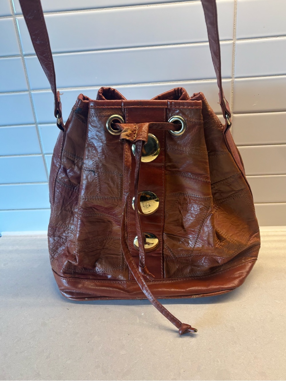 ❤️‍🔥5/$25❤️‍🔥Vintage Leather Western Patchwork Drawstring Bag